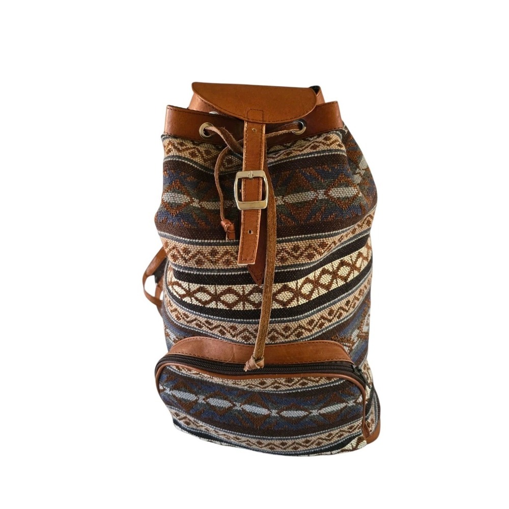 Womens Backpack Aztec Canvas Suede‎ Leather Flap Over Buckle Adjustable Brown
